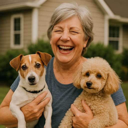 Middle-aged woman laughing while holding a Jack Russell and a Poodle in front of a suburban mandurah home