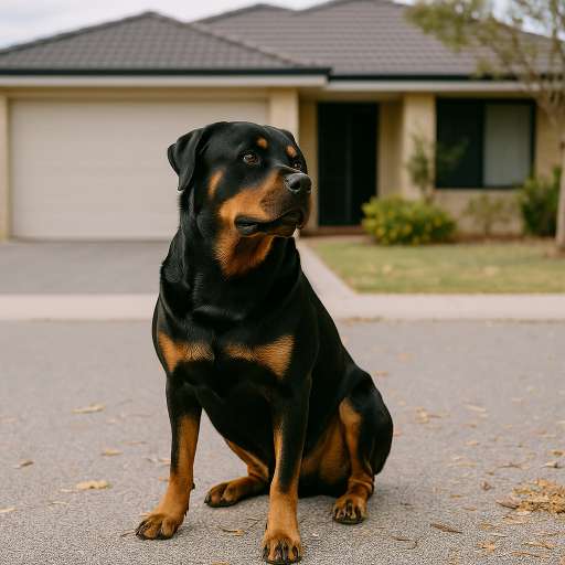 Rottweiler sitting on suburban Mandurah driveway looking to the side

