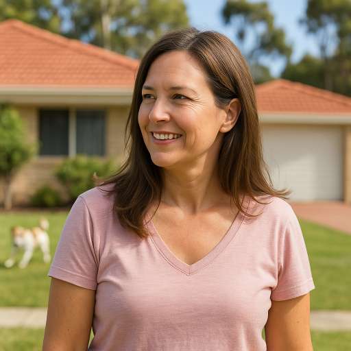 Smiling woman in front of Mandurah home with dog running in the background

