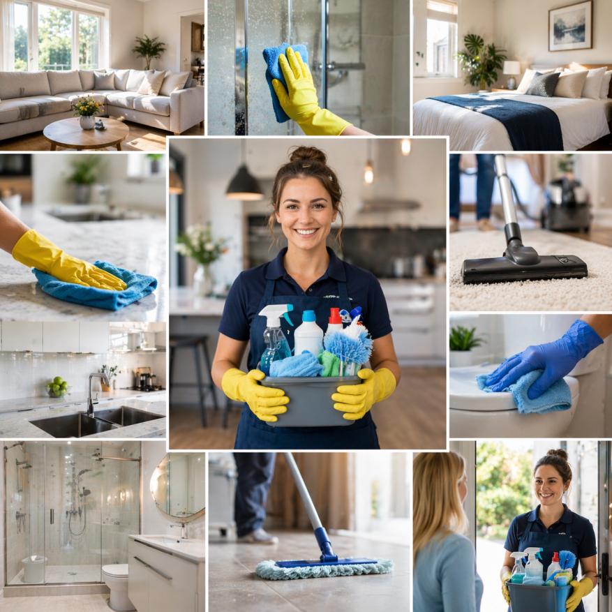 Collage showing home cleaning services by Mandurah Cleaning Services, including bathrooms, kitchens, vacuuming, mopping and shower screen cleaning.