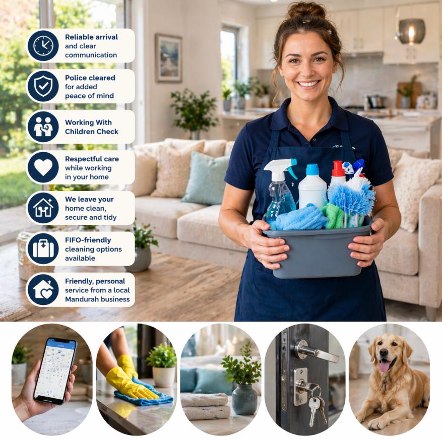 Professional cleaner representing what’s included with Mandurah Cleaning Services, including reliable service, police clearance, FIFO-friendly cleaning and respectful in-home care.